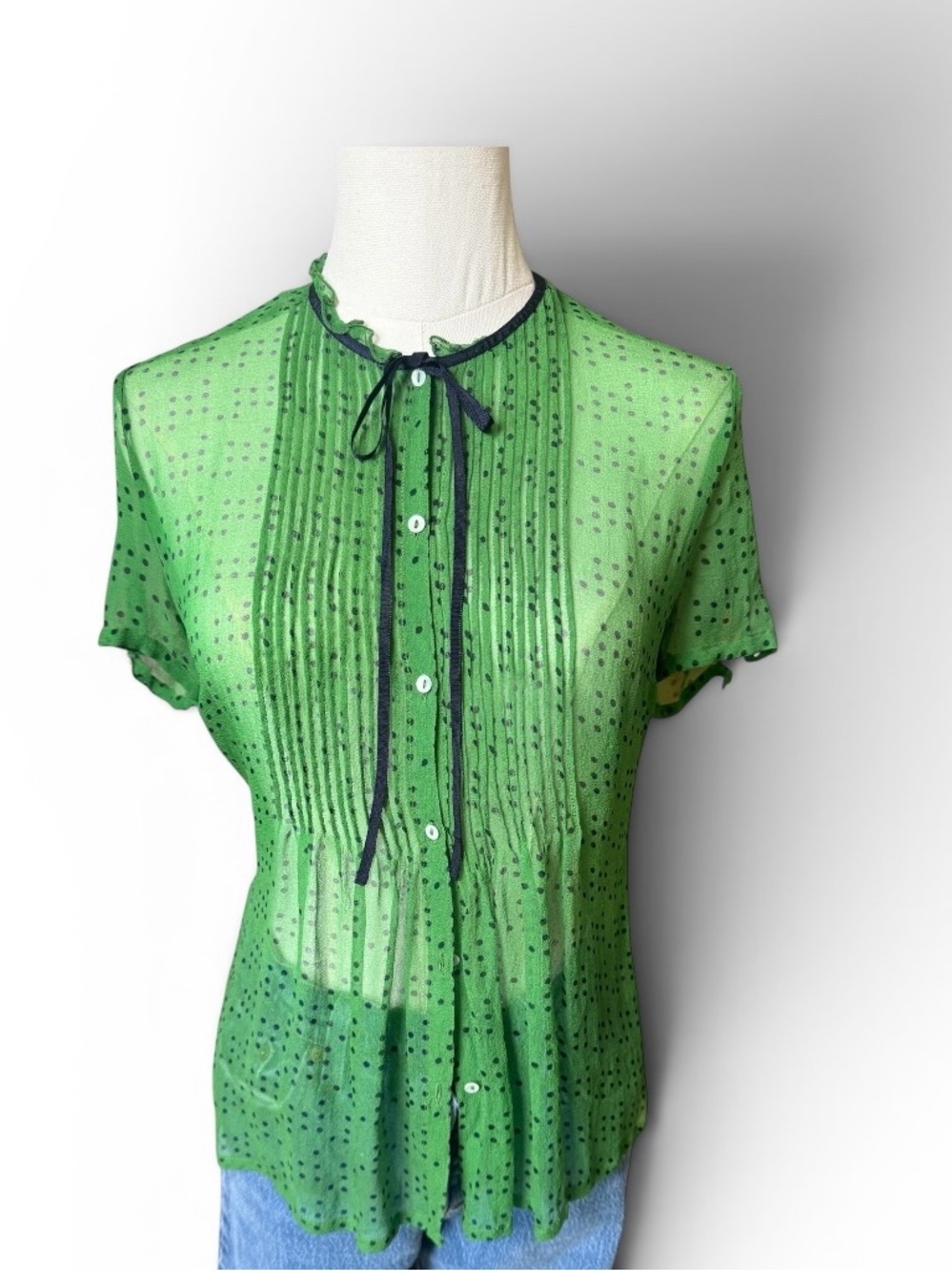 Anthropologie Green Sheer Pintuck Blouse with Black Ribbon - Picture 3 of 6